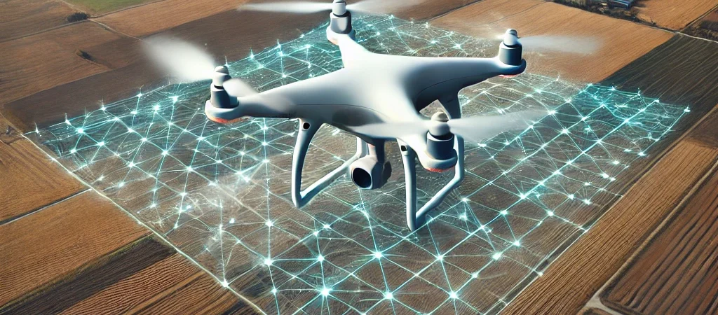Dall·e 2025 04 08 09.20.59 a drone flying over a large open area creating an aerial map. the image shows a top down view from the drone's perspective, with a digital grid overla